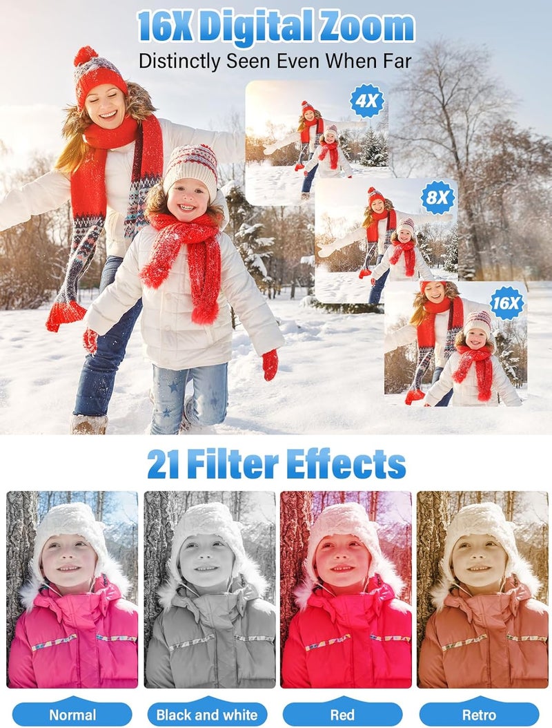Bhagdaoe كاميرا رقمية للأطفال، FHD 1080P 56MP بؤرة تلقائية ونقطة تصوير مع زوم 16X، بطاقة TF سعة 32GB، بطارية، فلاش، كشف الوجه، مضادة للاهتزاز، كاميرات سفر مدمجة للأولاد والبنات والمراهقين هدية للأطفال (أسود) - Image 4